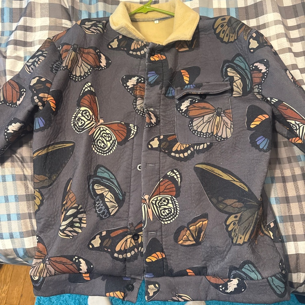 Butterfly Print Button-Up Jacket in Charcoal with Yellow Collar